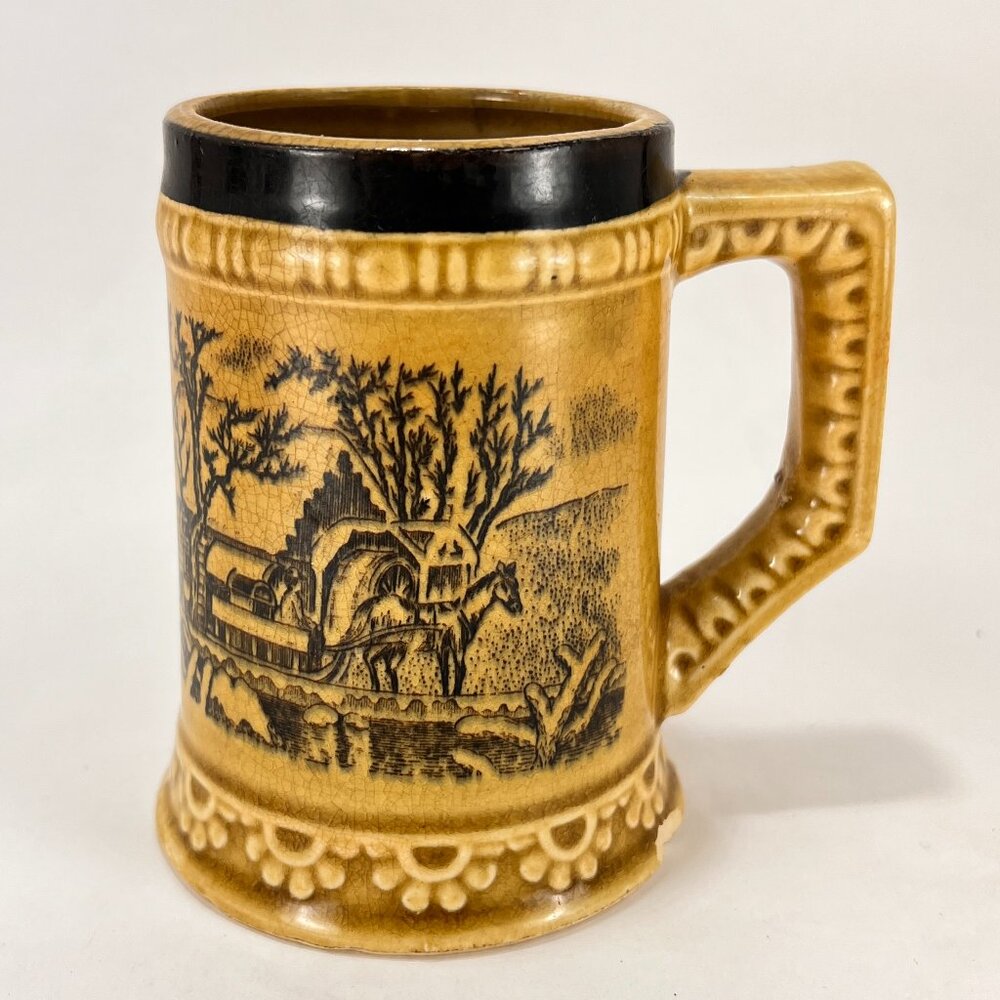 Vtg Farmhouse Beer Mug Yellow Ware Ceramic Black Transferware Japan Replacement